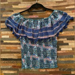 🔥ANTHROPOLOGiE🔥 RAGA Off the shoulder smocked pom-pom top. Size small.